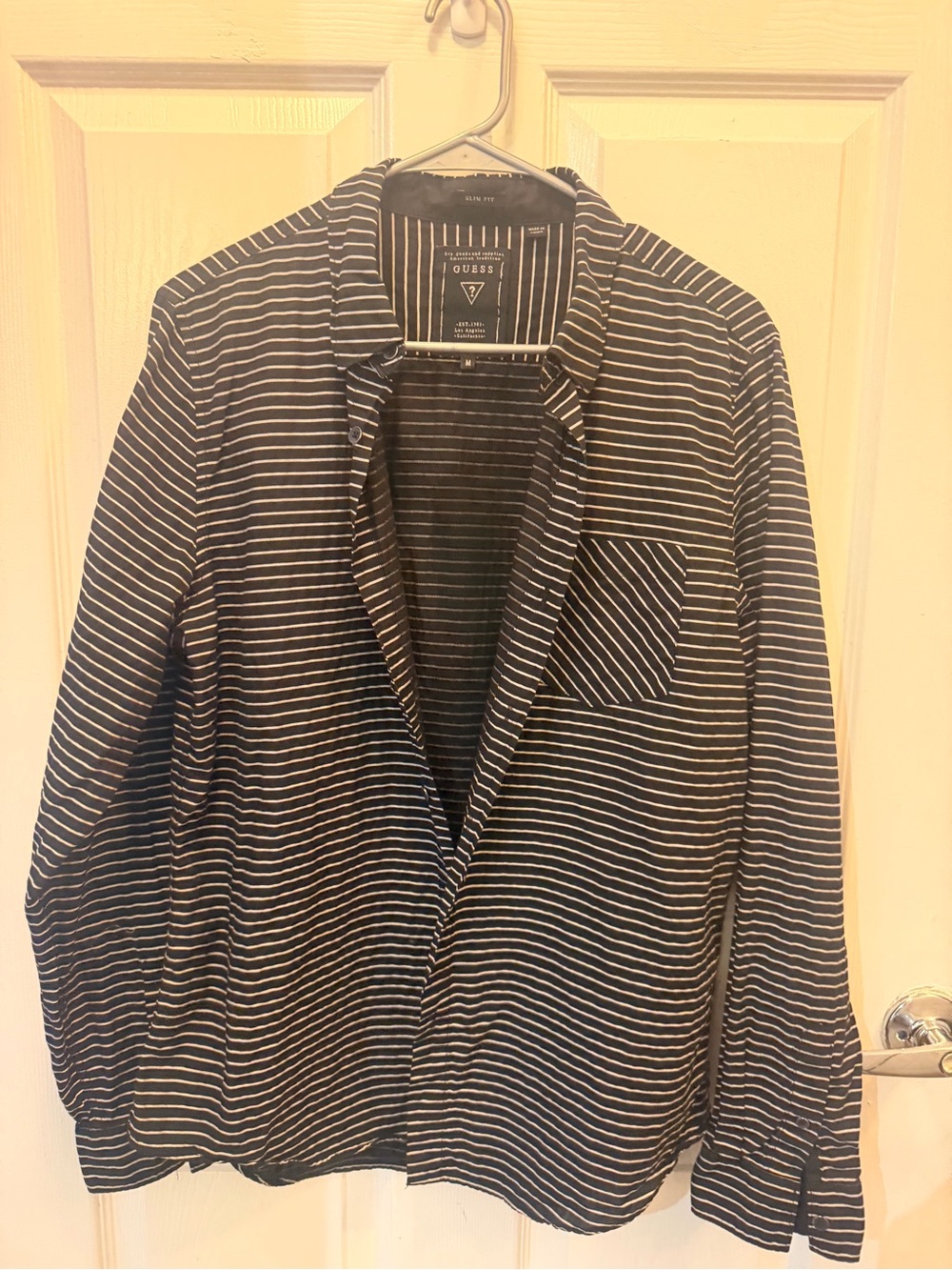 GUESS Womanโs Black & White Striped button downs